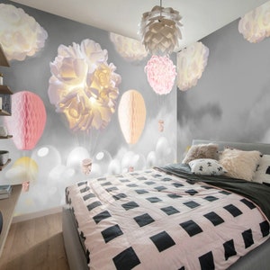 Cartoon Hot Air Balloon Wallpaper: Grey Nursery Wall Mural