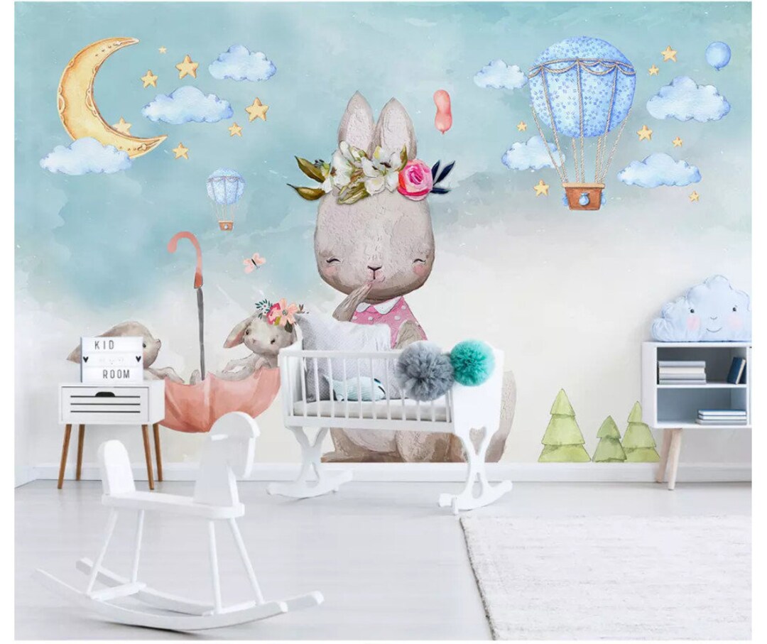 Nordic Minimalist Nursery Wallpaper Bunny Balloon Robbits Children's