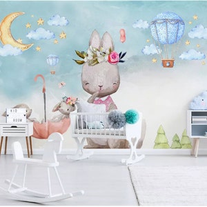 Nordic Minimalist Nursery Wallpaper Bunny Balloon Robbits Children's Kids' Room Background Wall Murals Home Decor