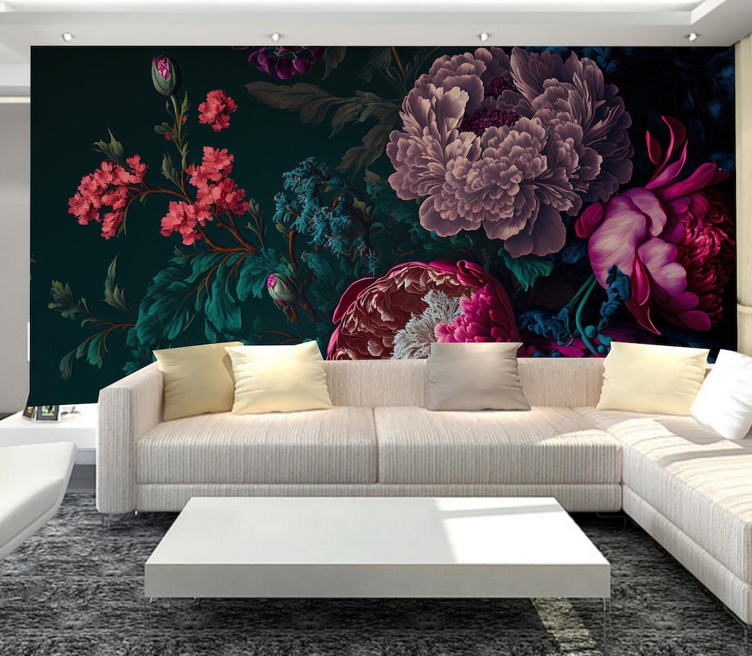 Dark Background Peony Flowers Floral Wallpaper Wall Mural Home Decor - Etsy