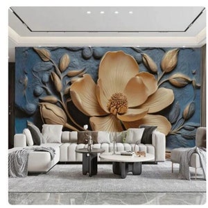 3D Golden Flower Relief Wallpaper Mural - Custom Size