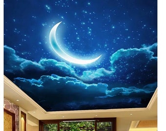 Moon Starry Sky Landscape Fresco Ceiling Living Room Theme Hotel Wallpaper Wall Mural