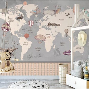 Cartoon World Map Nursery Wallpaper, Handpainted World Map Hot-air Balloon and Ships and Airplane Baby' Room Kids' Room Wall Murals