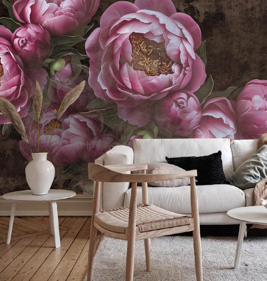 Pink Peony Floral Wallpaper Mural: Dark Background Wall Decor - Etsy
