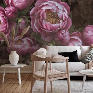 Pink Peony Floral Wallpaper Mural: Dark Background Wall Decor