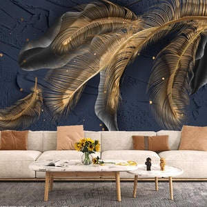 Dark Background Golden Feather Wallpaper Wall Mural Home Decor for Living Room Bedroom or Dinning Room
