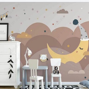 Cartoon Moon and Stars Nursery Wallpaper, Lovely Clouds Kids Babies Room Wall Murals