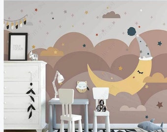 Cartoon Moon and Stars Nursery Wallpaper, Lovely Clouds Kids Babies Room Wall Murals