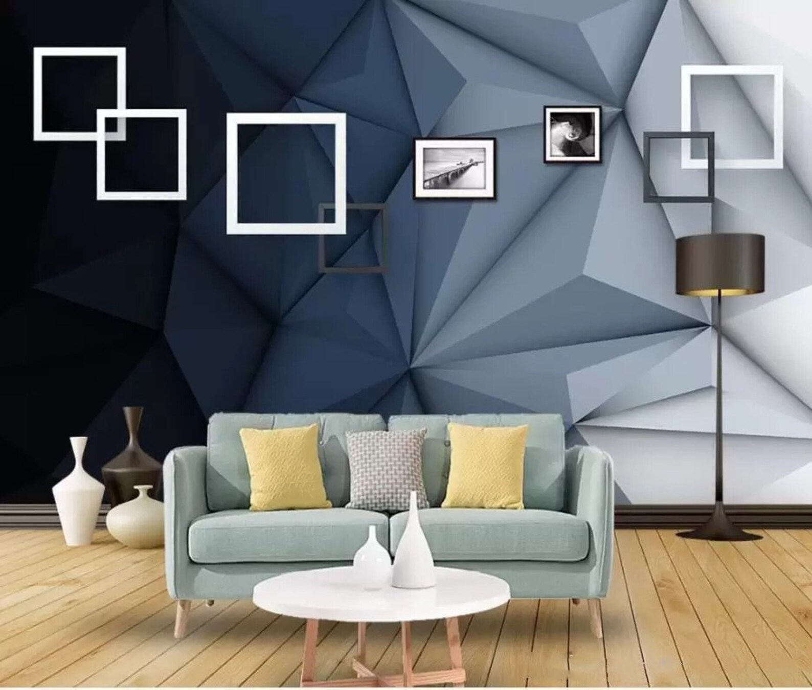 3D Blue Geometry Wallpaper Wall Mural Wall Decor Etsy