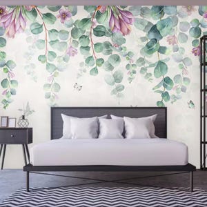 Simple Hanging Rattan Green Leaves Wallpaper,  Flying Birds and Butterflies and Flowers Home Decor Wall Murals for Living or Dinning Room