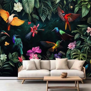 Floral Paradise Wallpaper Mural: Colorful Blooms & Birds