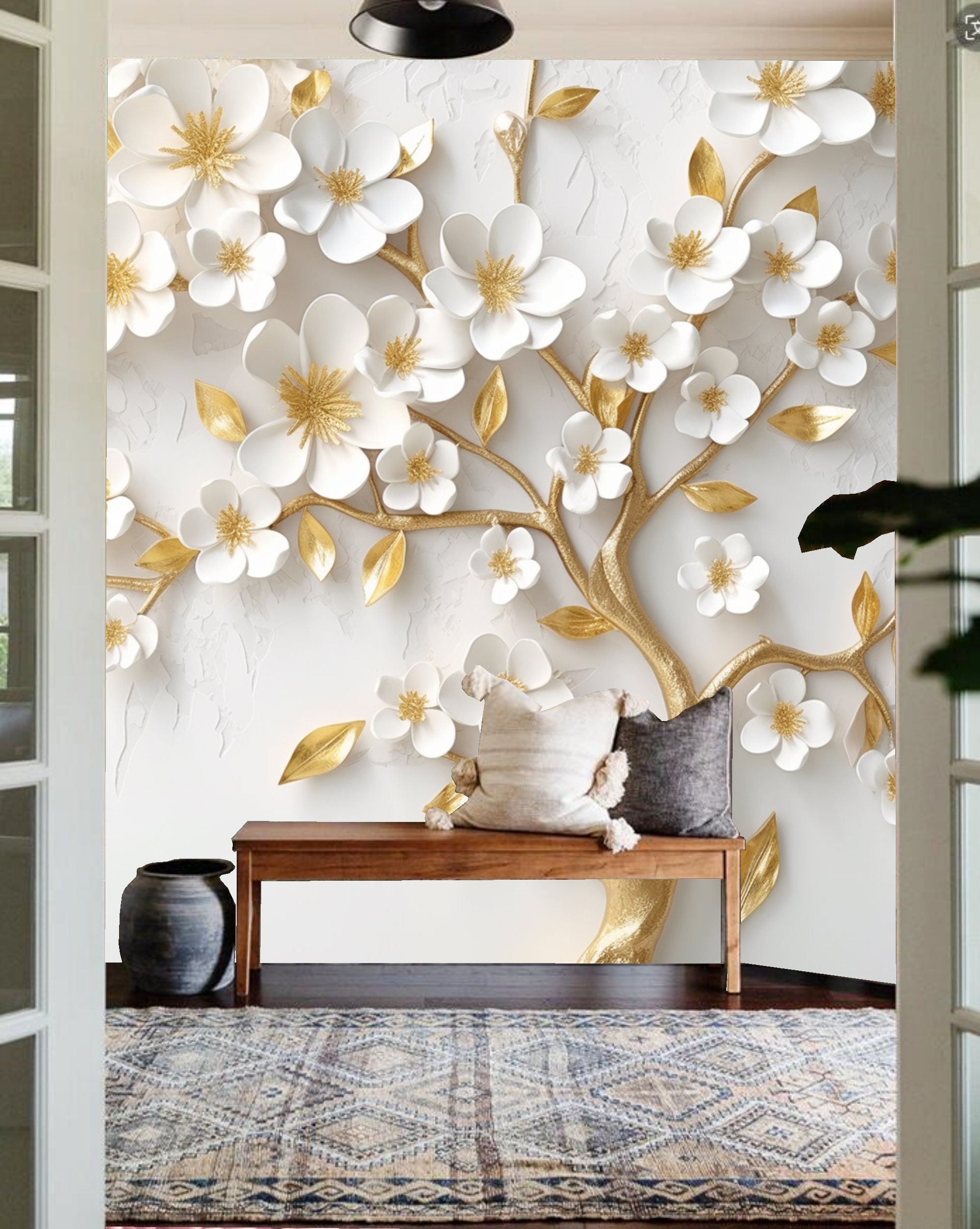 3D White Flower Tree Mural: Gold Leaf Wallpaper - Etsy