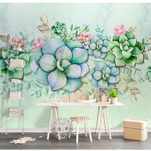 Watercolor Succulents Wallpaper: Blue Background Nursery Wall Mural