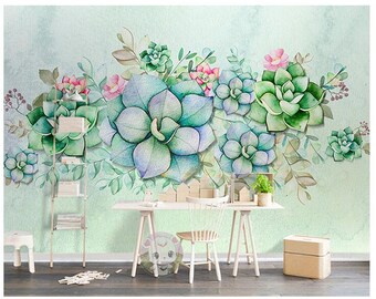 Watercolor Succulents Wallpaper: Blue Background Nursery Wall Mural