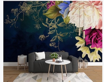 Navy Blue Background Big Flowers Floral Wallpaper, Hand Painted Dutching Oil Painting Flower Rose Wall Murals Wall Decor