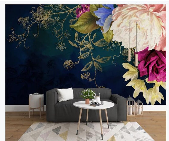 Buy Navy Blue Background Big Flowers Floral Wallpaper Hand Online in India   Etsy