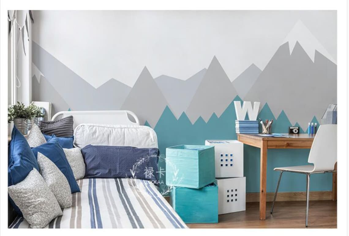Green and Grey Mountains Wall Mural Wallpaper Geometry - Etsy