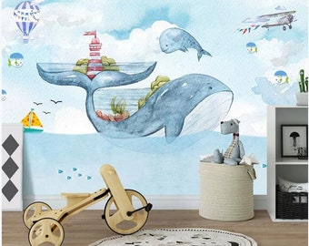 Watercolor Whale Nursery Wallpaper: Handpainted Sea & Sky Wall Mural