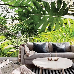 Oil Painting Banana Leaves Wallpaper Wall Mural, Dark Green Leaves Banana Leaf Tropical Plants Bedroom Living Room Wall Murals
