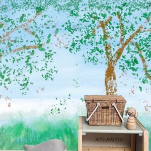 Cartoon Forest Wallpaper Mural: Green Trees, Kids Nursery Decor