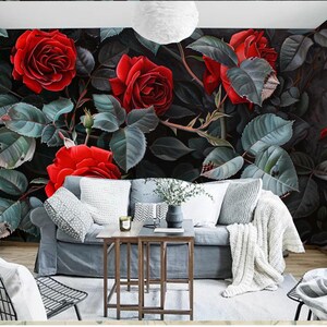 Dark Background Red Rose Floral Wallpaper Wall Mural Home Decor