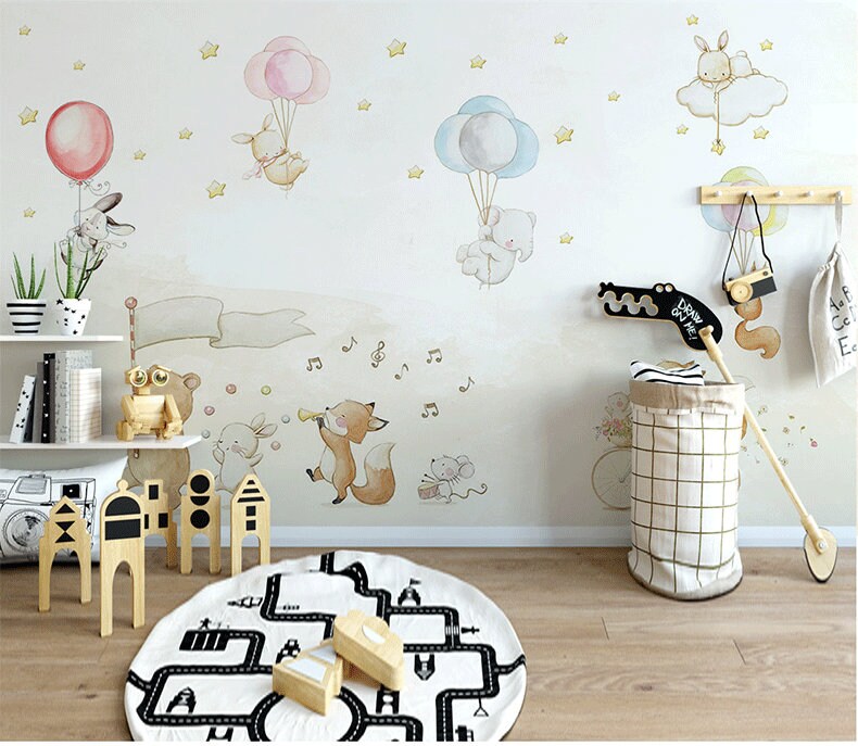 Watercolor Cartoon Animals Nursery Wallpaper Handpainted - Etsy