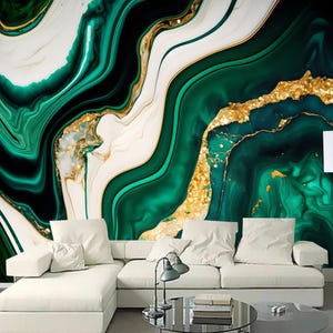 Carta da parati murale in marmo verde: venature dorate, dimensioni personalizzate