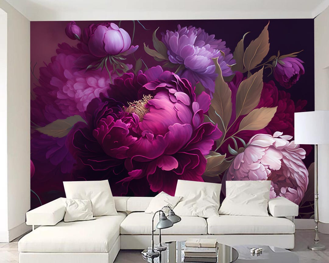 Purple Peony Flowers Floral Wallpaper Wall Mural Home Decor - Etsy