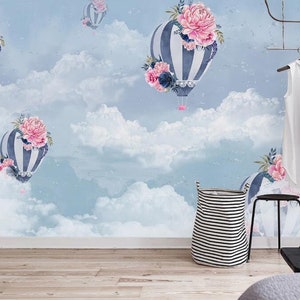 Cartone animato Mongolfiera e fiori Carta da parati per vivaio, nuvole colorate e sfondo blu Cameretta dei bambini Murales per pareti Decorazioni per pareti