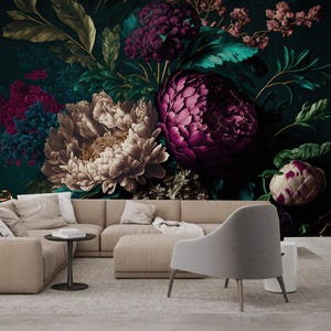 Dark Background Peony and Rose Flowers Floral Wallpaper Wall Mural Home Decor