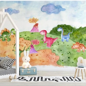 Watercolor Dinosaur Nursery Wallpaper: Cartoon Dino Kids Room Decor