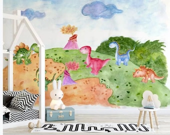 Watercolor Dinosaur Nursery Wallpaper: Cartoon Dino Kids Room Decor