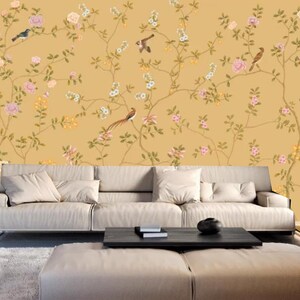 Chinoiserie Peony Flowers Wallpaper: Vivid Birds Wall Mural