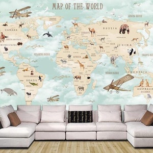 Papier peint moderne de pépinière de carte du monde d'avion d'animal, peint à la main des peintures murales de mur de chambre de babys de chambre d'enfant de carte du monde d'animal