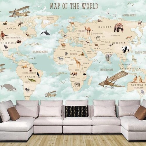 Modern Animal Airplane World Map Nursery Wallpaper Hand Etsy