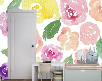 Pink Rose Floral Wallpaper Mural - Kids Nursery Wall Decor