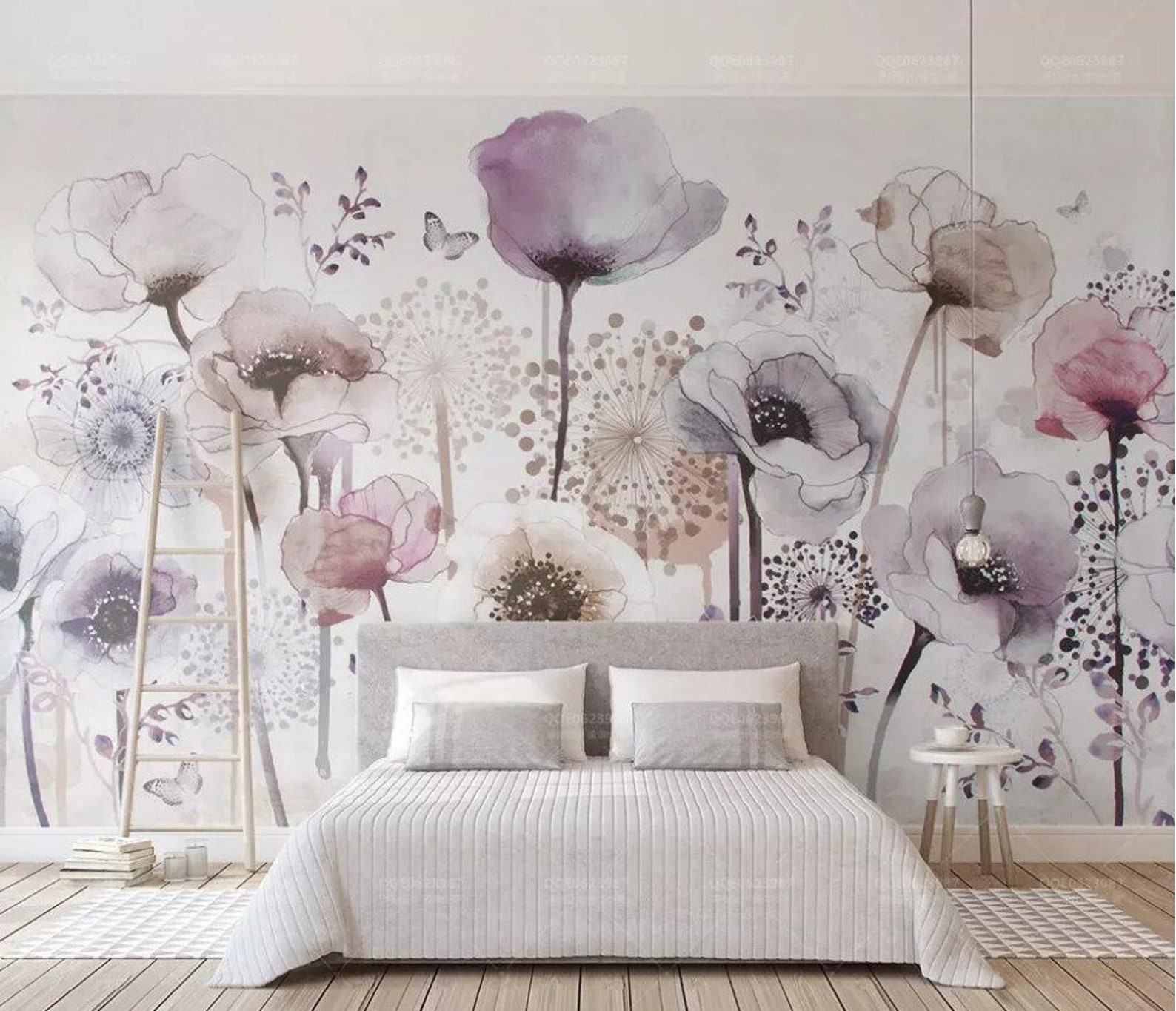 Watercolor Lilac Poppy Floral Wallpaper: Hand-painted Wall Mural - Etsy