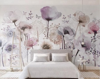 Watercolor Lilac Poppy Floral Wallpaper, Hand Painted Flowers Lilac Poppy Floral Wall Murals Wall Decor