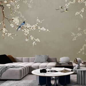 Chinoiserie Magnolia Wallpaper Mural: Flying Birds, Floral Wall Decor