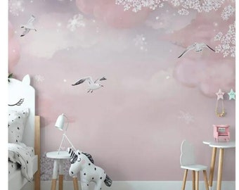 Fantasy Pink Clouds Romantic Cherry Blossom Children's Kids Babies Nursery Wallpaper Wall Mural Home Decor