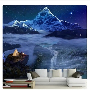 Starry Sky Mountain Waterfall Wallpaper Mural: Dream Landscape Wall Decor
