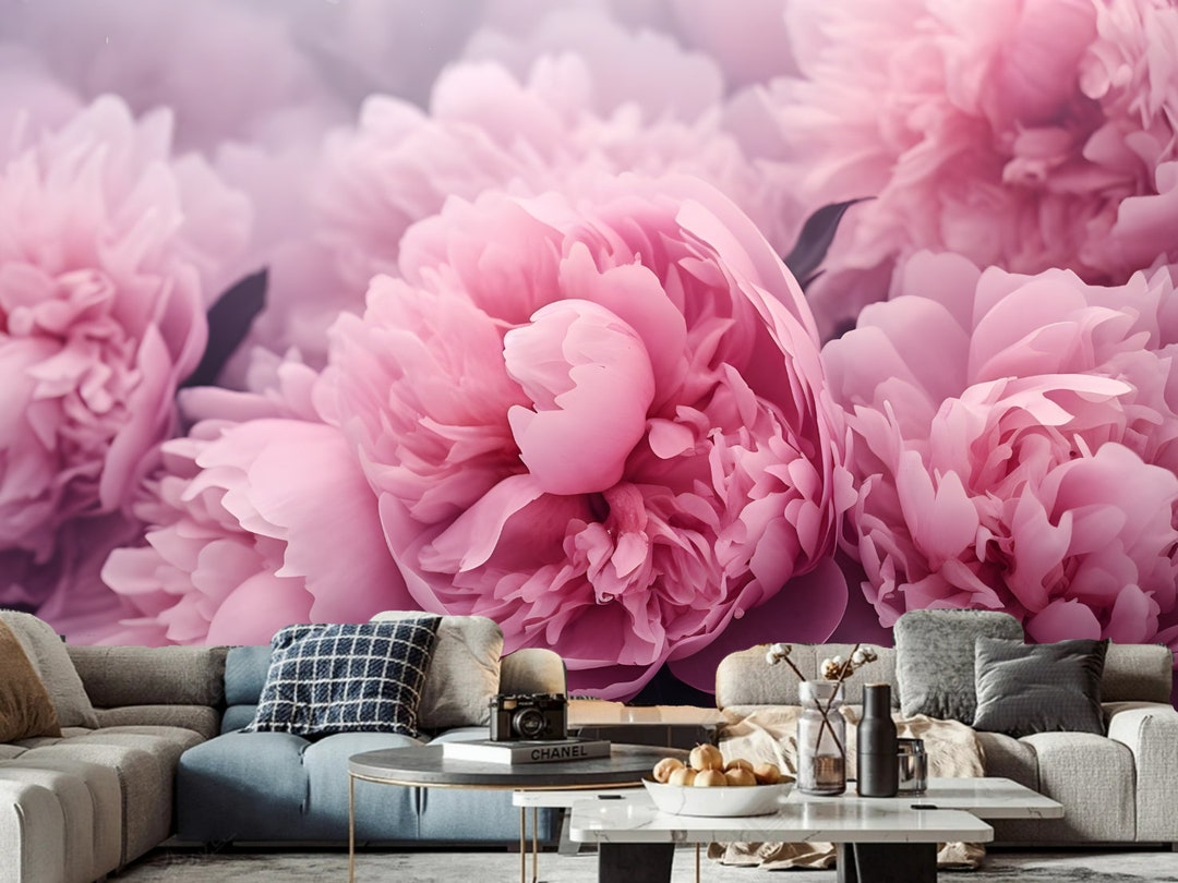 Pink Peony Flowers Floral Wallpaper Wall Mural for Bedroom - Etsy