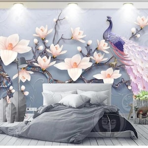 3D Hanging Magnolia with Peacock Wallpaper Wall Murals Home Decor
