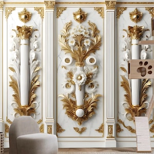 Classic Interior with Mouldings Roman Column Floral Wallpaper Wall Mural Wall Decor