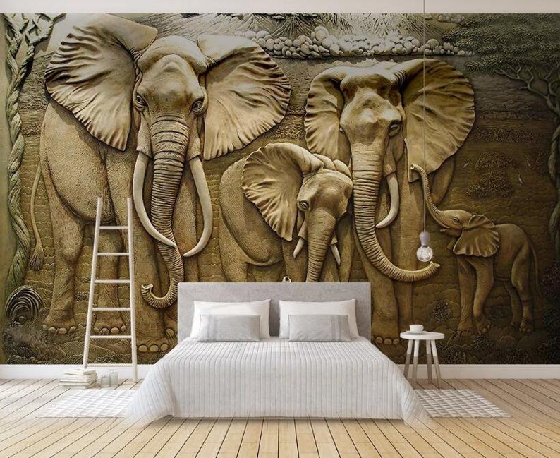 Custom 3D Wall Murals Wallpaper 3D Stereo Embossed Elephant Etsy
