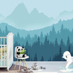 Ombre Mountain Forest Wallpaper Mural: Blue Nursery Wall Decor