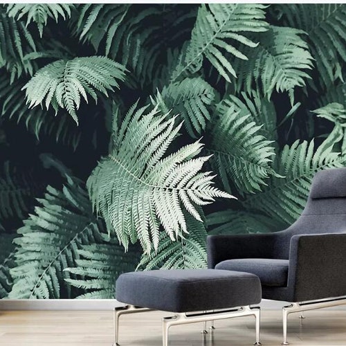 Handpainted Dark Green Leaves Wallpaper Wall Mural Dark Green Etsy