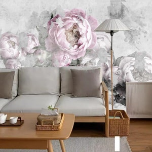 Pink Peony Floral Wallpaper Mural: Living Room Wall Decor