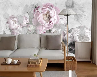 Behang muurschildering roze pioenroos: muurdecoratie woonkamer