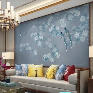 Chinoiserie Hanging Cherry Tree Wallpaper, Flying Birds Home Decor Wall ...